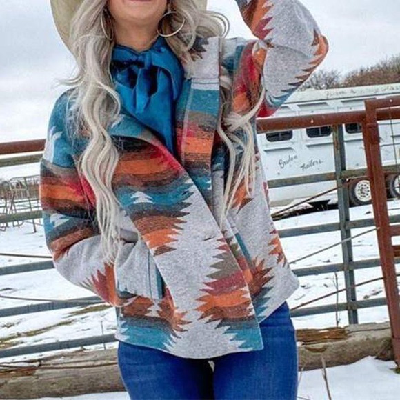 Womens Aztec Shacket Jacket Loose Vintage Boho Wool Blend Coat Button Down Shirt - Picture 2 of 9